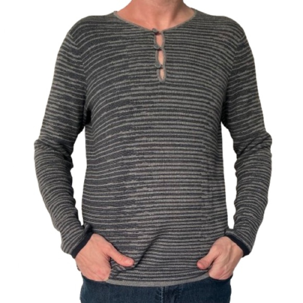 Armani Exchange Long Sleeve Striped Henley-Style V Neck Wool Blend Sweater Large